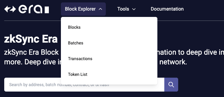 zkSync Era block explorer menu